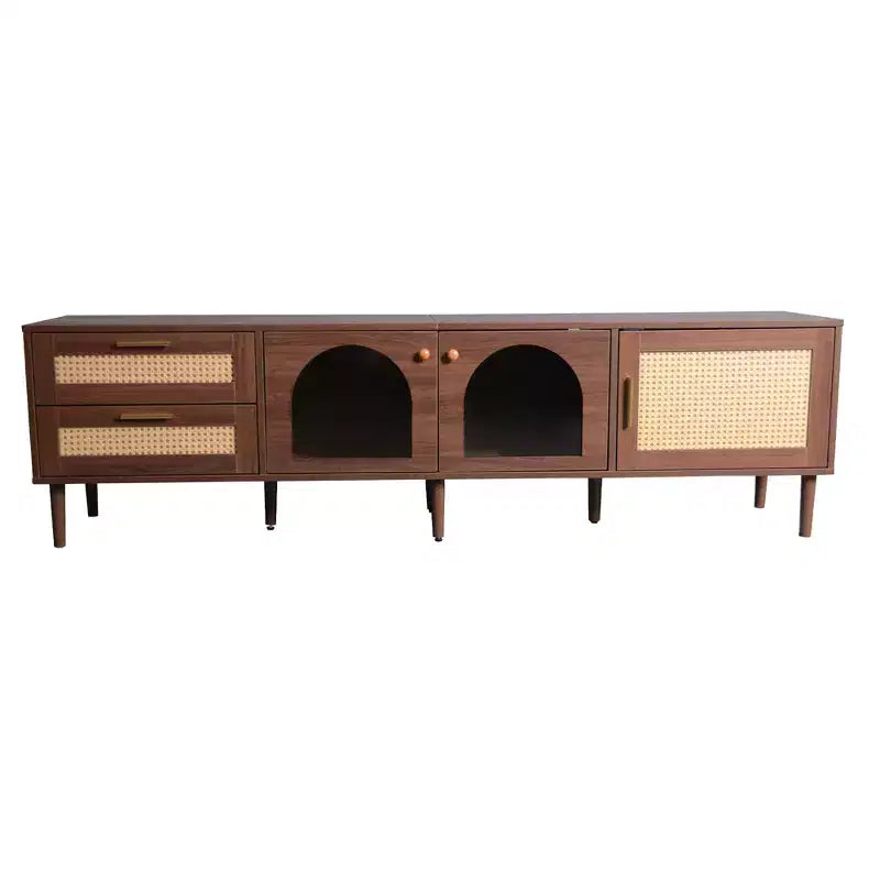 Mobile TV in Rattan con Luce LED per TV da 80 pollici, Mobile TV in Legno con Ante in Vetro e 2 Cassetti, Consolle Multimediale con Gambe in Legno Massello, Marrone Scuro