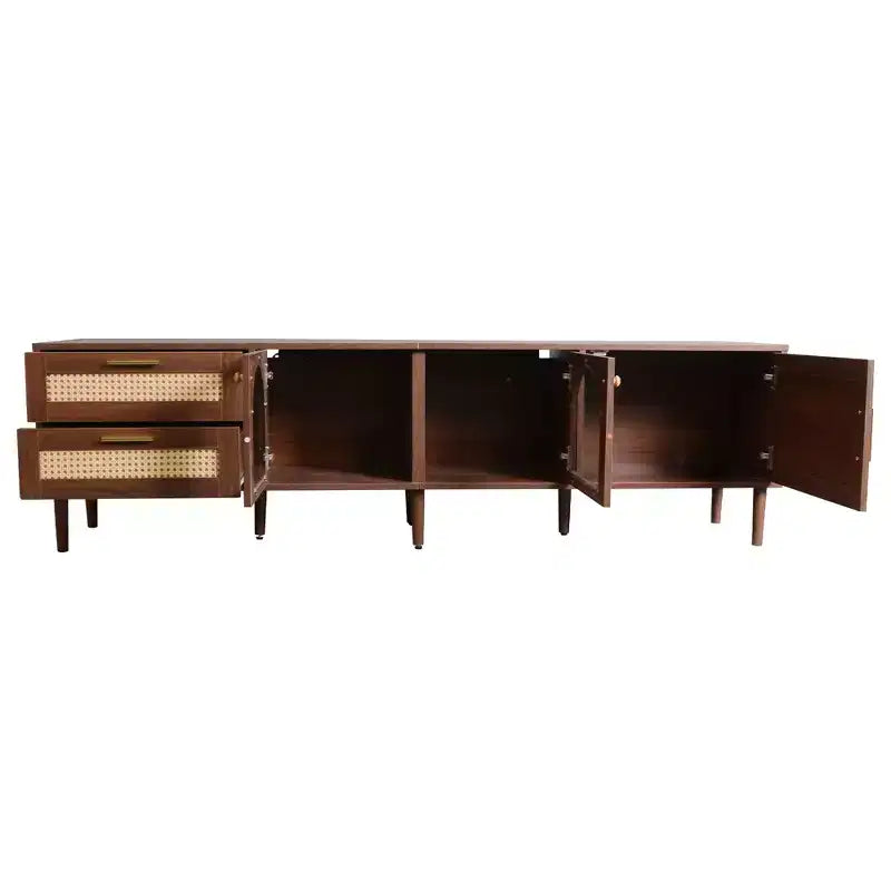 Mobile TV in Rattan con Luce LED per TV da 80 pollici, Mobile TV in Legno con Ante in Vetro e 2 Cassetti, Consolle Multimediale con Gambe in Legno Massello, Marrone Scuro