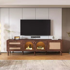 Mobile TV in Rattan con Luce LED per TV da 80 pollici, Mobile TV in Legno con Ante in Vetro e 2 Cassetti, Consolle Multimediale con Gambe in Legno Massello, Marrone Scuro