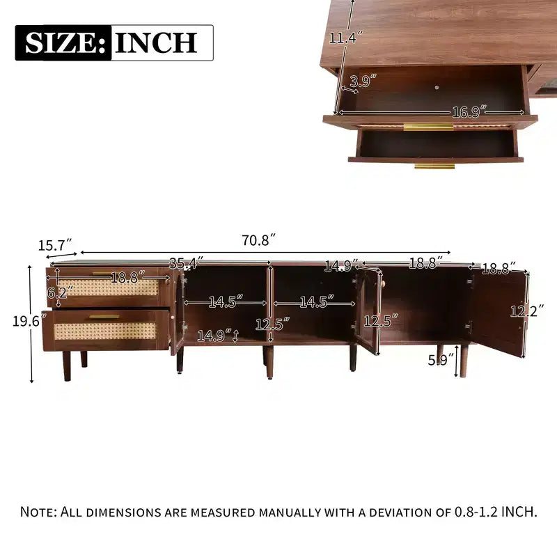 Mobile TV in Rattan con Luce LED per TV da 80 pollici, Mobile TV in Legno con Ante in Vetro e 2 Cassetti, Consolle Multimediale con Gambe in Legno Massello, Marrone Scuro