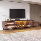 Mobile TV in Rattan con Luce LED per TV da 80 pollici, Mobile TV in Legno con Ante in Vetro e 2 Cassetti, Consolle Multimediale con Gambe in Legno Massello, Marrone Scuro
