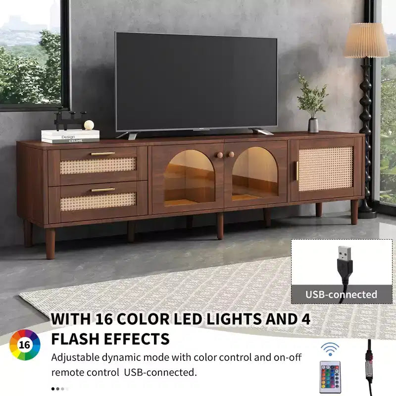 Mobile TV in Rattan con Luce LED per TV da 80 pollici, Mobile TV in Legno con Ante in Vetro e 2 Cassetti, Consolle Multimediale con Gambe in Legno Massello, Marrone Scuro