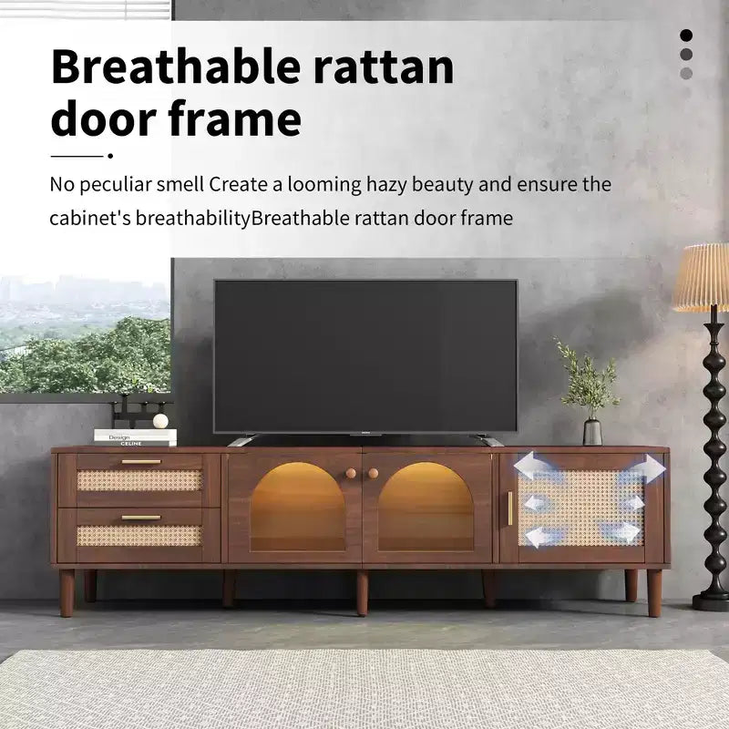 Mobile TV in Rattan con Luce LED per TV da 80 pollici, Mobile TV in Legno con Ante in Vetro e 2 Cassetti, Consolle Multimediale con Gambe in Legno Massello, Marrone Scuro
