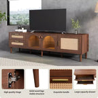 Mobile TV in Rattan con Luce LED per TV da 80 pollici, Mobile TV in Legno con Ante in Vetro e 2 Cassetti, Consolle Multimediale con Gambe in Legno Massello, Marrone Scuro