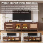 Mobile TV in Rattan con Luce LED per TV da 80 pollici, Mobile TV in Legno con Ante in Vetro e 2 Cassetti, Consolle Multimediale con Gambe in Legno Massello, Marrone Scuro