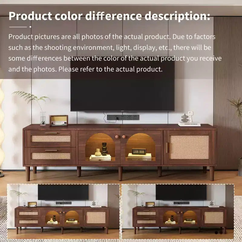 Mobile TV in Rattan con Luce LED per TV da 80 pollici, Mobile TV in Legno con Ante in Vetro e 2 Cassetti, Consolle Multimediale con Gambe in Legno Massello, Marrone Scuro
