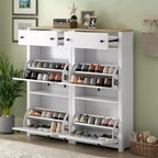 MAYEERTY Slim Tipping Bucket Shoe Cabinet Set, 4 Flip Drawers Wood Grain Top Adjustable Panel, White