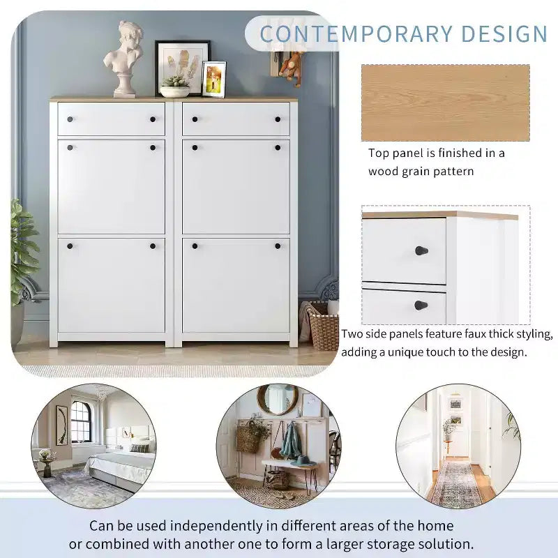 MAYEERTY Slim Tipping Bucket Shoe Cabinet Set, 4 Flip Drawers Wood Grain Top Adjustable Panel, White