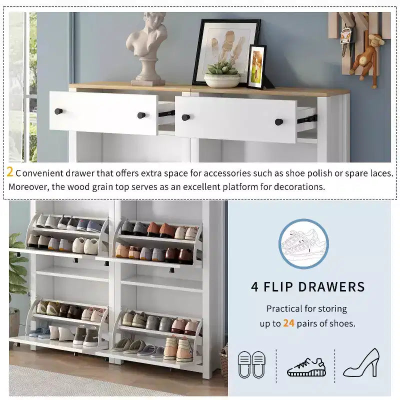 MAYEERTY Slim Tipping Bucket Shoe Cabinet Set, 4 Flip Drawers Wood Grain Top Adjustable Panel, White