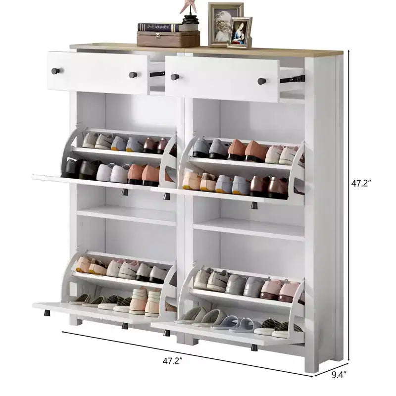 MAYEERTY Slim Tipping Bucket Shoe Cabinet Set, 4 Flip Drawers Wood Grain Top Adjustable Panel, White