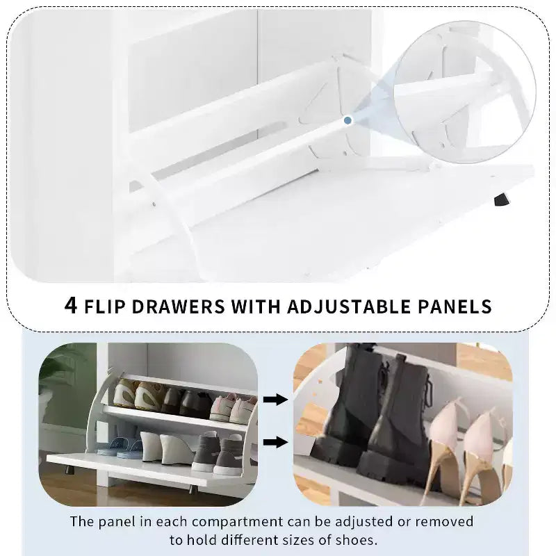 MAYEERTY Slim Tipping Bucket Shoe Cabinet Set, 4 Flip Drawers Wood Grain Top Adjustable Panel, White