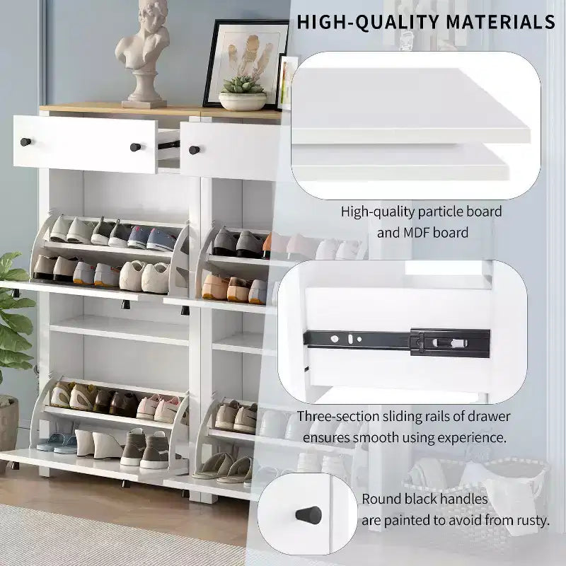 MAYEERTY Slim Tipping Bucket Shoe Cabinet Set, 4 Flip Drawers Wood Grain Top Adjustable Panel, White