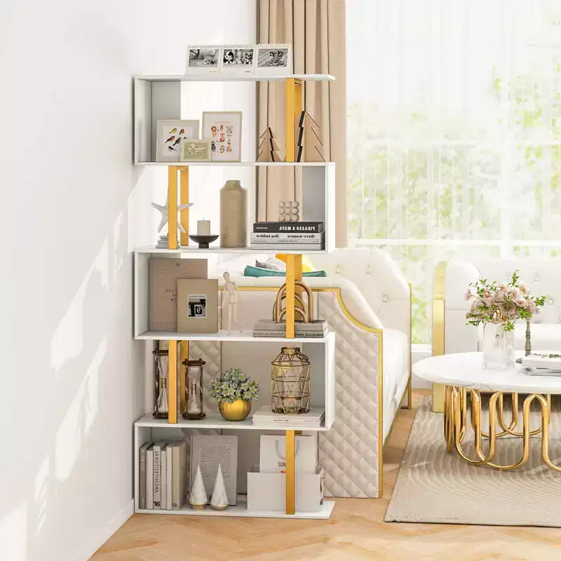 Costway 5-Tier Geometric Bookcase 62-Inch S-Shaped Bookshelf w/ Metal Frame Gold