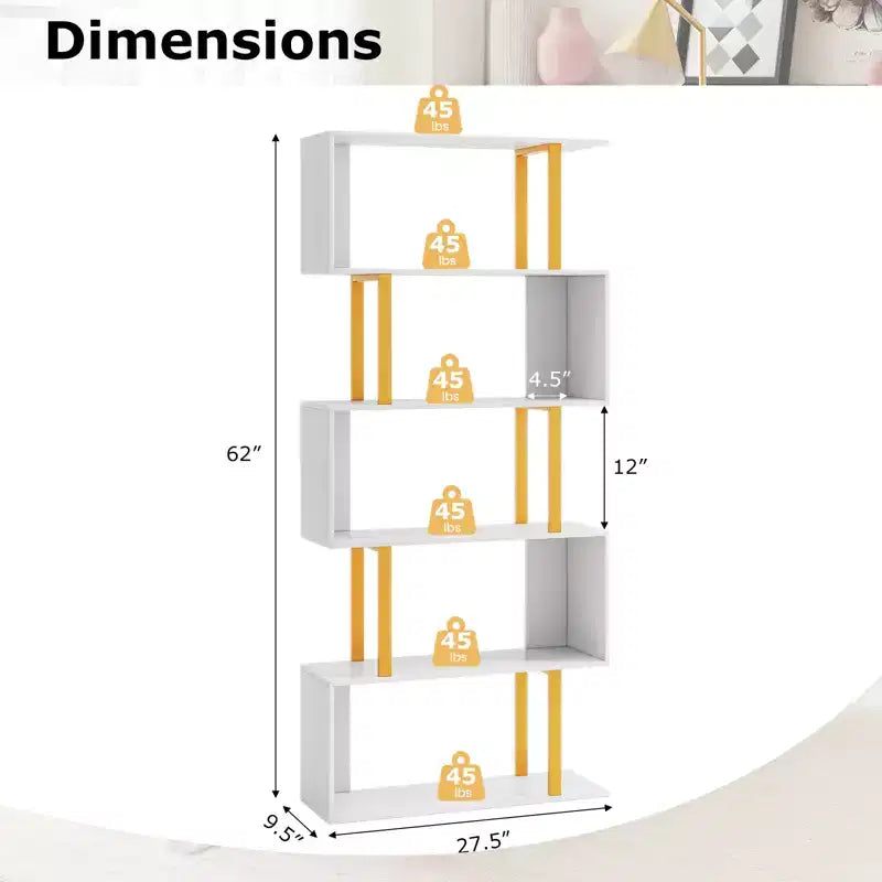 Costway 5-Tier Geometric Bookcase 62-Inch S-Shaped Bookshelf w/ Metal Frame Gold