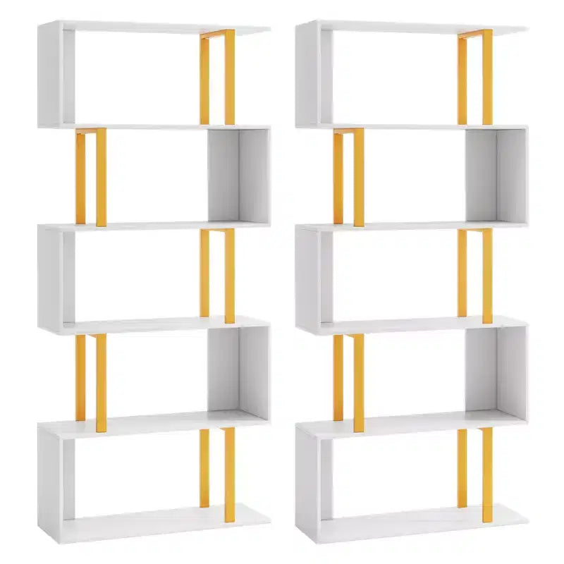 Costway 2 PCS 5-Tier Geometric Bookcase 62-Inch S-Shaped Bookshelf w/ Metal Frame Gold