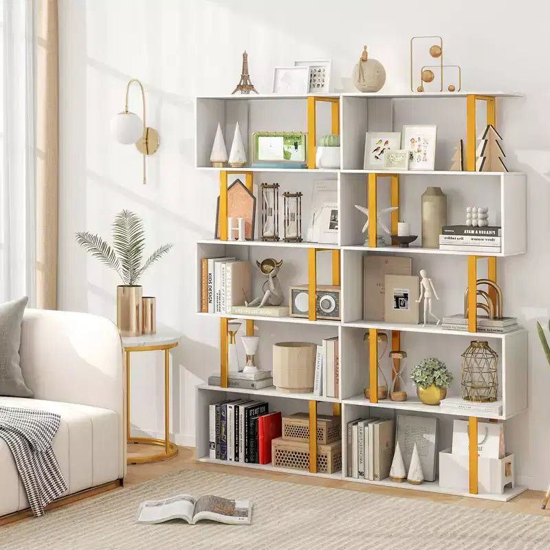 Costway 2 PCS 5-Tier Geometric Bookcase 62-Inch S-Shaped Bookshelf w/ Metal Frame Gold