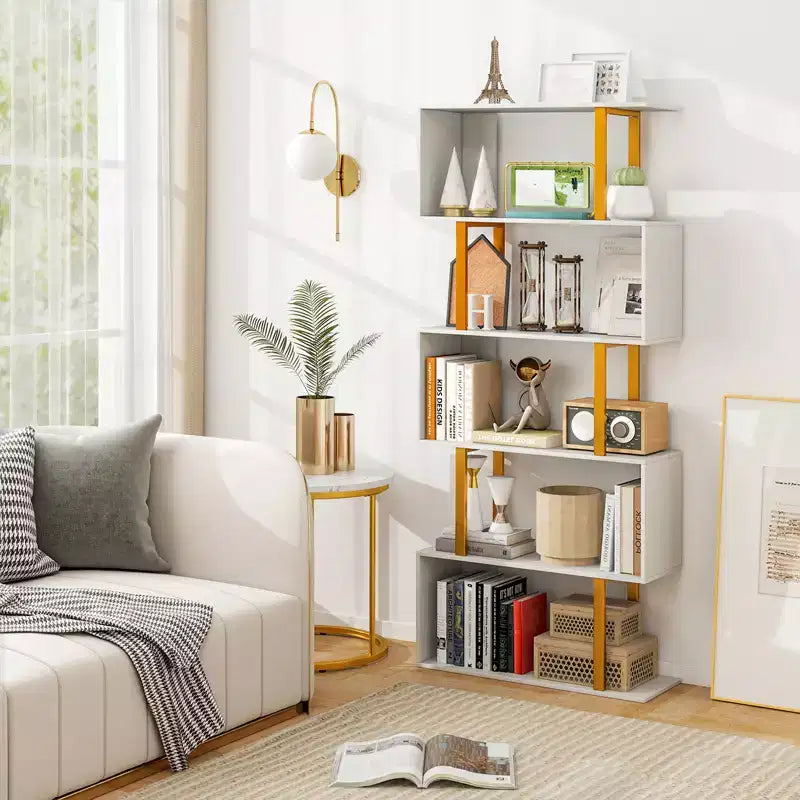 Costway 2 PCS 5-Tier Geometric Bookcase 62-Inch S-Shaped Bookshelf w/ Metal Frame Gold