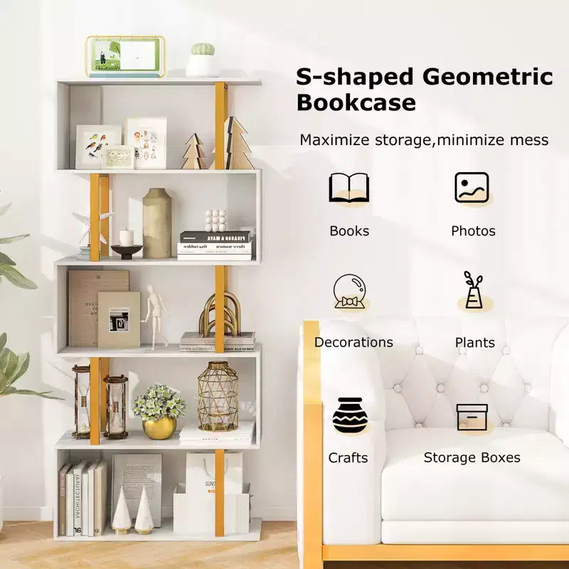 Costway 2 PCS 5-Tier Geometric Bookcase 62-Inch S-Shaped Bookshelf w/ Metal Frame Gold