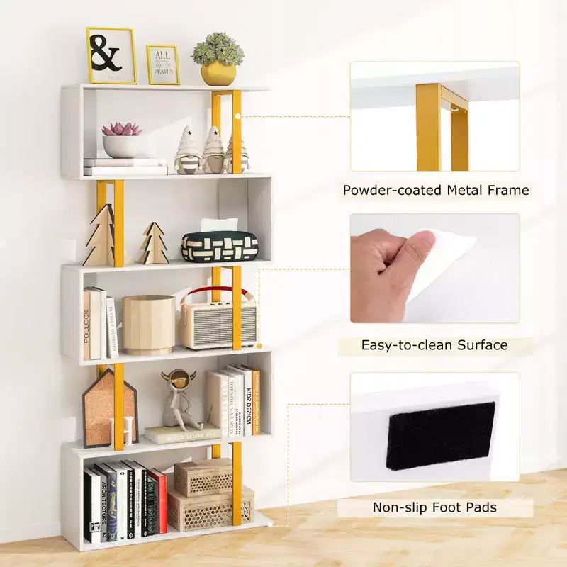 Costway 2 PCS 5-Tier Geometric Bookcase 62-Inch S-Shaped Bookshelf w/ Metal Frame Gold