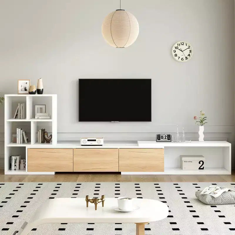 Extendable TV Stand with Bookshelves for 110 TV, Adjustable Entertainment Center with Storage Cabinets, Sliding Tabletop Media Console
