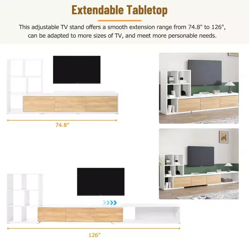 Extendable TV Stand with Bookshelves for 110 TV, Adjustable Entertainment Center with Storage Cabinets, Sliding Tabletop Media Console