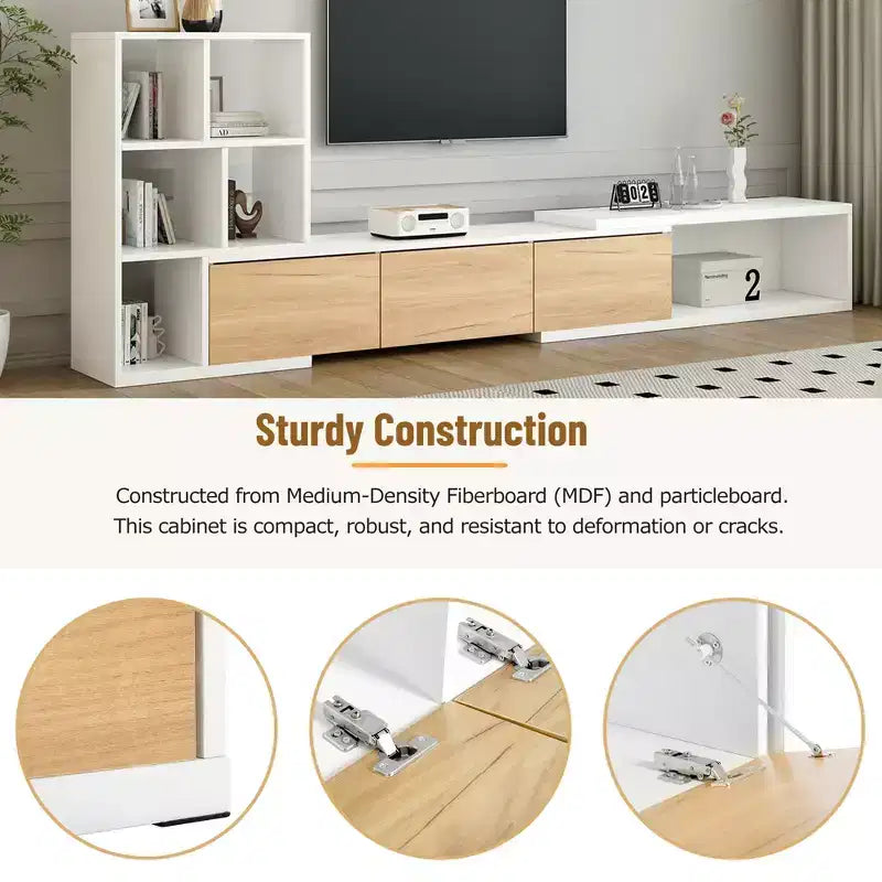 Extendable TV Stand with Bookshelves for 110 TV, Adjustable Entertainment Center with Storage Cabinets, Sliding Tabletop Media Console