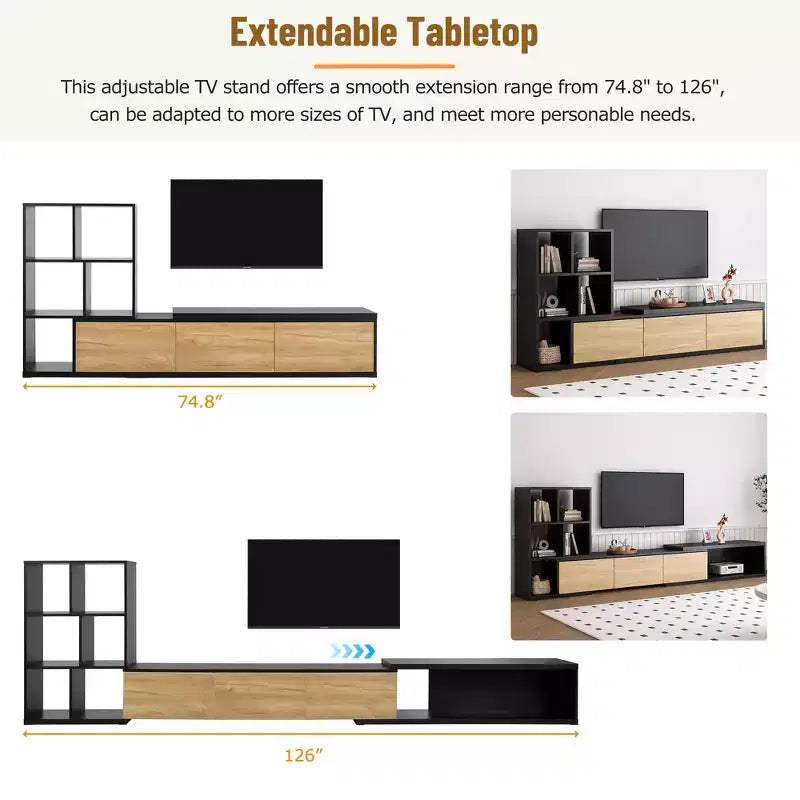 Extendable TV Stand with Bookshelves for 110 TV, Adjustable Entertainment Center with Storage Cabinets, Sliding Tabletop Media Console