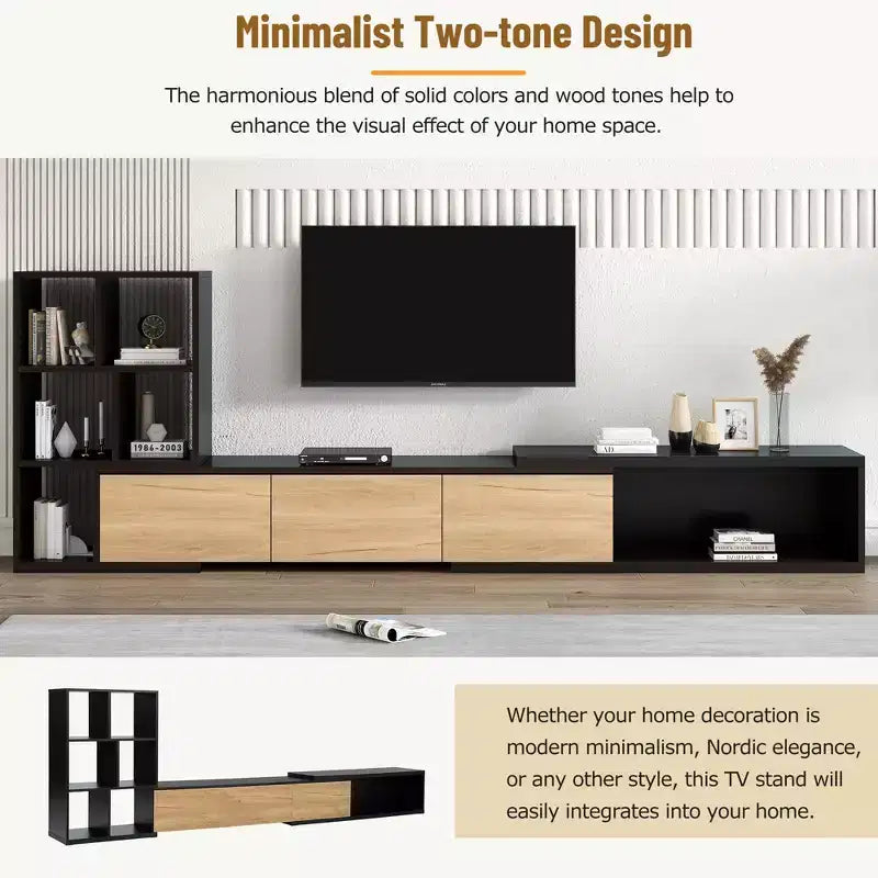 Extendable TV Stand with Bookshelves for 110 TV, Adjustable Entertainment Center with Storage Cabinets, Sliding Tabletop Media Console