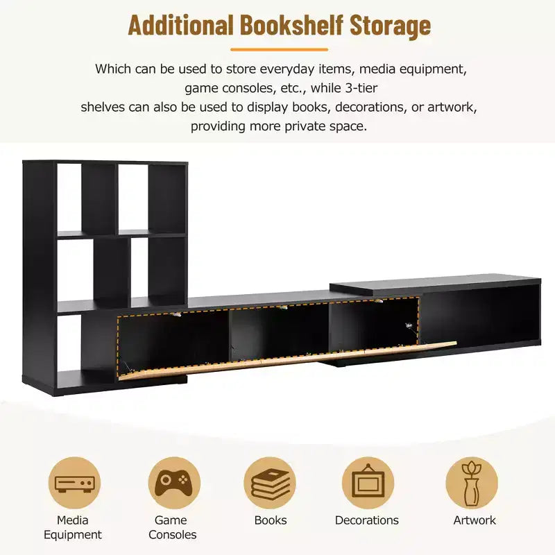 Extendable TV Stand with Bookshelves for 110 TV, Adjustable Entertainment Center with Storage Cabinets, Sliding Tabletop Media Console