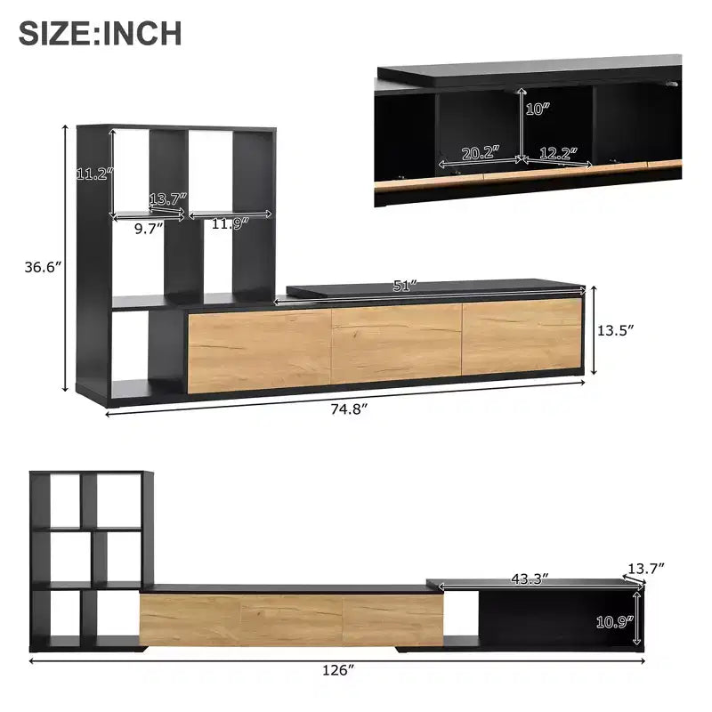 Extendable TV Stand with Bookshelves for 110 TV, Adjustable Entertainment Center with Storage Cabinets, Sliding Tabletop Media Console