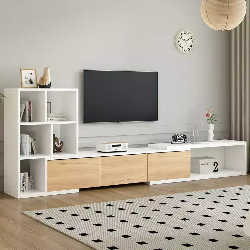 Mobile TV Allungabile con Librerie per TV da 110 Pollici, Centro Intrattenimento Regolabile con Armadietti, Consolle Multimediale con Piano Scorrevole