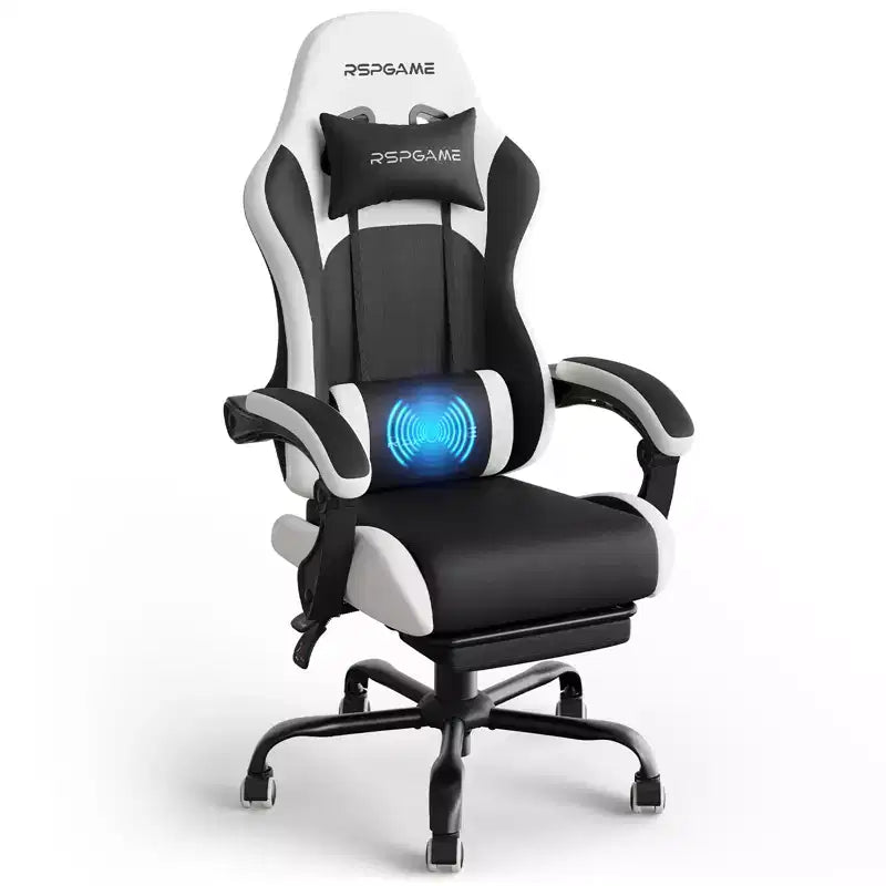 RSPGAME Sedia da Gaming Ergonomica di Base per Adulti, Sedie da Ufficio in Pelle PU con Supporto Lombare Vibrante e Poggiapiedi Retrattile, Sedie per Computer per la Casa