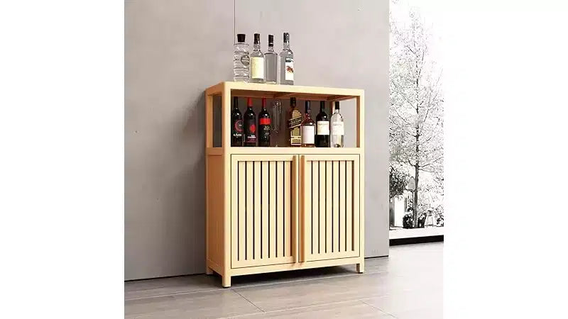 Bathroom Storage Cabinet with Double Slatted Doors, Open Side Shelf; Freestanding Organizer for Bathroom, Living Room, Hallway, Kitchen Neutral