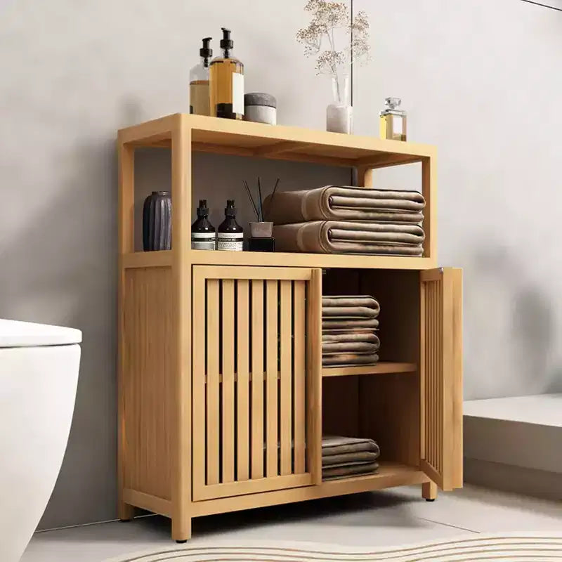 Bathroom Storage Cabinet with Double Slatted Doors, Open Side Shelf; Freestanding Organizer for Bathroom, Living Room, Hallway, Kitchen Neutral