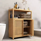 Bathroom Storage Cabinet with Double Slatted Doors, Open Side Shelf; Freestanding Organizer for Bathroom, Living Room, Hallway, Kitchen Neutral