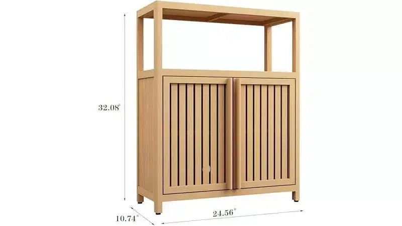 Bathroom Storage Cabinet with Double Slatted Doors, Open Side Shelf; Freestanding Organizer for Bathroom, Living Room, Hallway, Kitchen Neutral