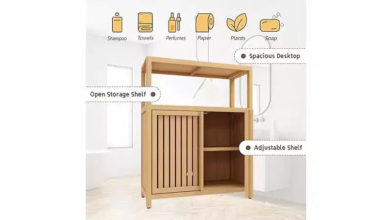 Bathroom Storage Cabinet with Double Slatted Doors, Open Side Shelf; Freestanding Organizer for Bathroom, Living Room, Hallway, Kitchen Neutral