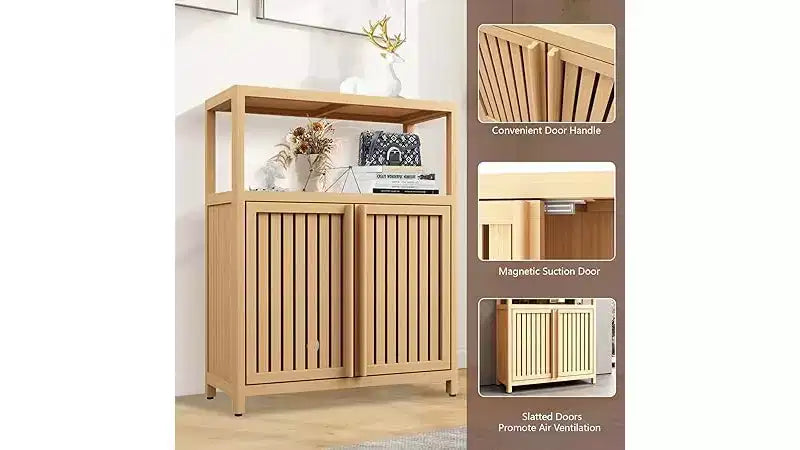Bathroom Storage Cabinet with Double Slatted Doors, Open Side Shelf; Freestanding Organizer for Bathroom, Living Room, Hallway, Kitchen Neutral