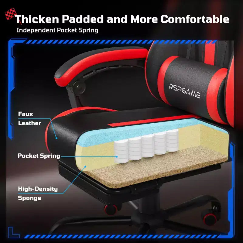 RSPGAME Sedie da Gaming Ergonomiche di Base per Adulti, Sedie da Ufficio in Pelle PU con Supporto Lombare, Cuscino a Molle Insacchettate e Poggiapiedi Retraibile