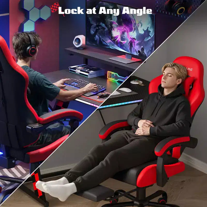 RSPGAME Sedie da Gaming Ergonomiche di Base per Adulti, Sedie da Ufficio in Pelle PU con Supporto Lombare, Cuscino a Molle Insacchettate e Poggiapiedi Retraibile