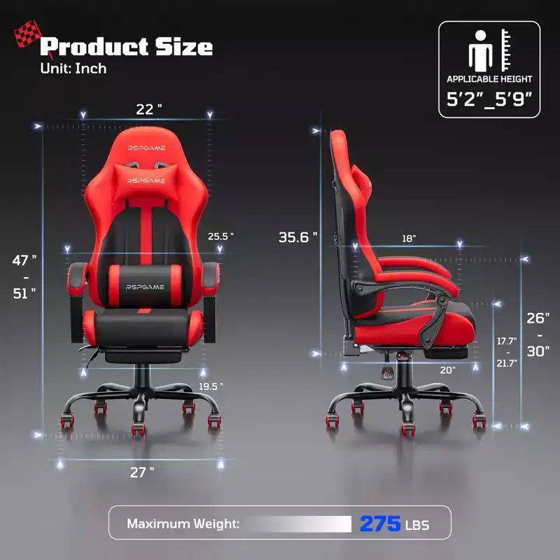 RSPGAME Sedie da Gaming Ergonomiche di Base per Adulti, Sedie da Ufficio in Pelle PU con Supporto Lombare, Cuscino a Molle Insacchettate e Poggiapiedi Retraibile