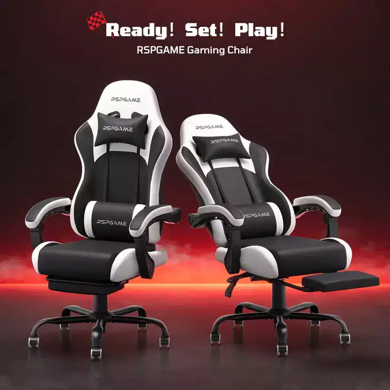 RSPGAME Sedie da Gaming Ergonomiche di Base per Adulti, Sedie da Ufficio in Pelle PU con Supporto Lombare, Cuscino a Molle Insacchettate e Poggiapiedi Retraibile