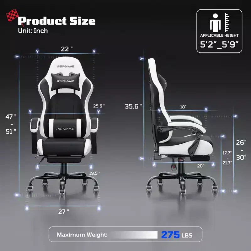 RSPGAME Sedie da Gaming Ergonomiche di Base per Adulti, Sedie da Ufficio in Pelle PU con Supporto Lombare, Cuscino a Molle Insacchettate e Poggiapiedi Retraibile