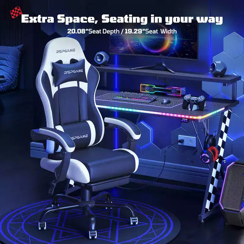 RSPGAME Sedie da Gaming Ergonomiche di Base per Adulti, Sedie da Ufficio in Pelle PU con Supporto Lombare, Cuscino a Molle Insacchettate e Poggiapiedi Retraibile