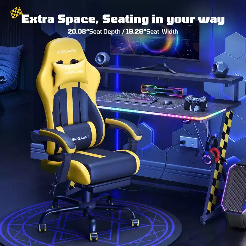 RSPGAME Sedie da Gaming Ergonomiche di Base per Adulti, Sedie da Ufficio in Pelle PU con Supporto Lombare, Cuscino a Molle Insacchettate e Poggiapiedi Retraibile