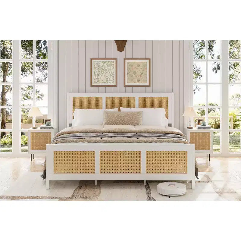 Rattan Bed Frame with Headboard, Boho Cane Platform Bed Frame with Strong Metal Slat, Noise Free, No Box Spring Needed