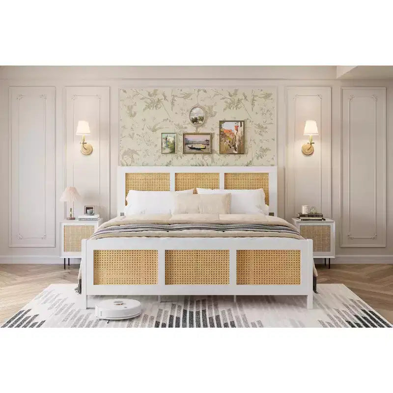 Rattan Bed Frame with Headboard, Boho Cane Platform Bed Frame with Strong Metal Slat, Noise Free, No Box Spring Needed