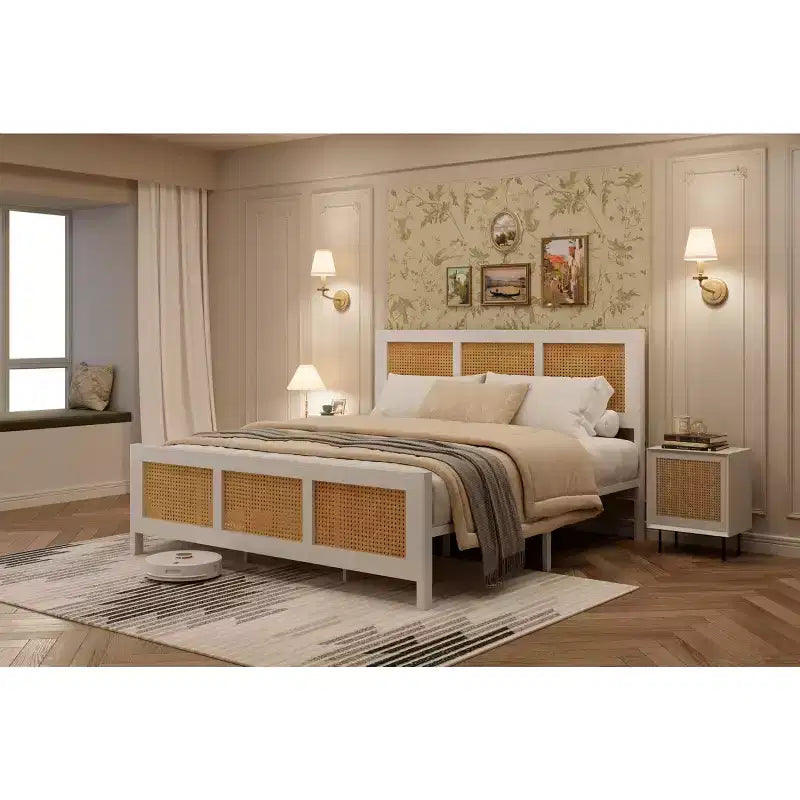 Rattan Bed Frame with Headboard, Boho Cane Platform Bed Frame with Strong Metal Slat, Noise Free, No Box Spring Needed