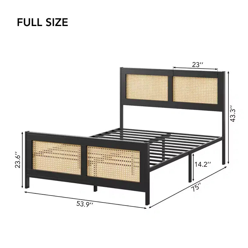 Rattan Bed Frame with Headboard, Boho Cane Platform Bed Frame with Strong Metal Slat, Noise Free, No Box Spring Needed