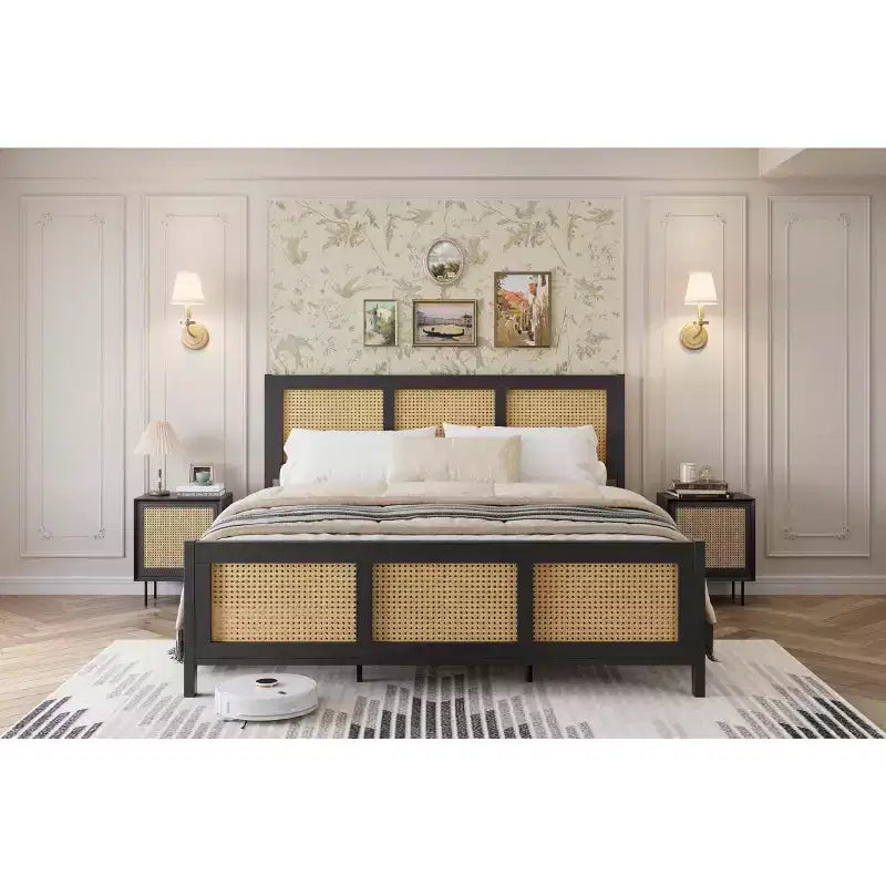 Rattan Bed Frame with Headboard, Boho Cane Platform Bed Frame with Strong Metal Slat, Noise Free, No Box Spring Needed